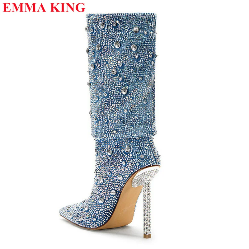 Fashion Denim Blue Rhinestone Mid Calf Boots Women Luxury Crystal Thin High Heel Women Boots Casual Cowboy Boots For Women 2023