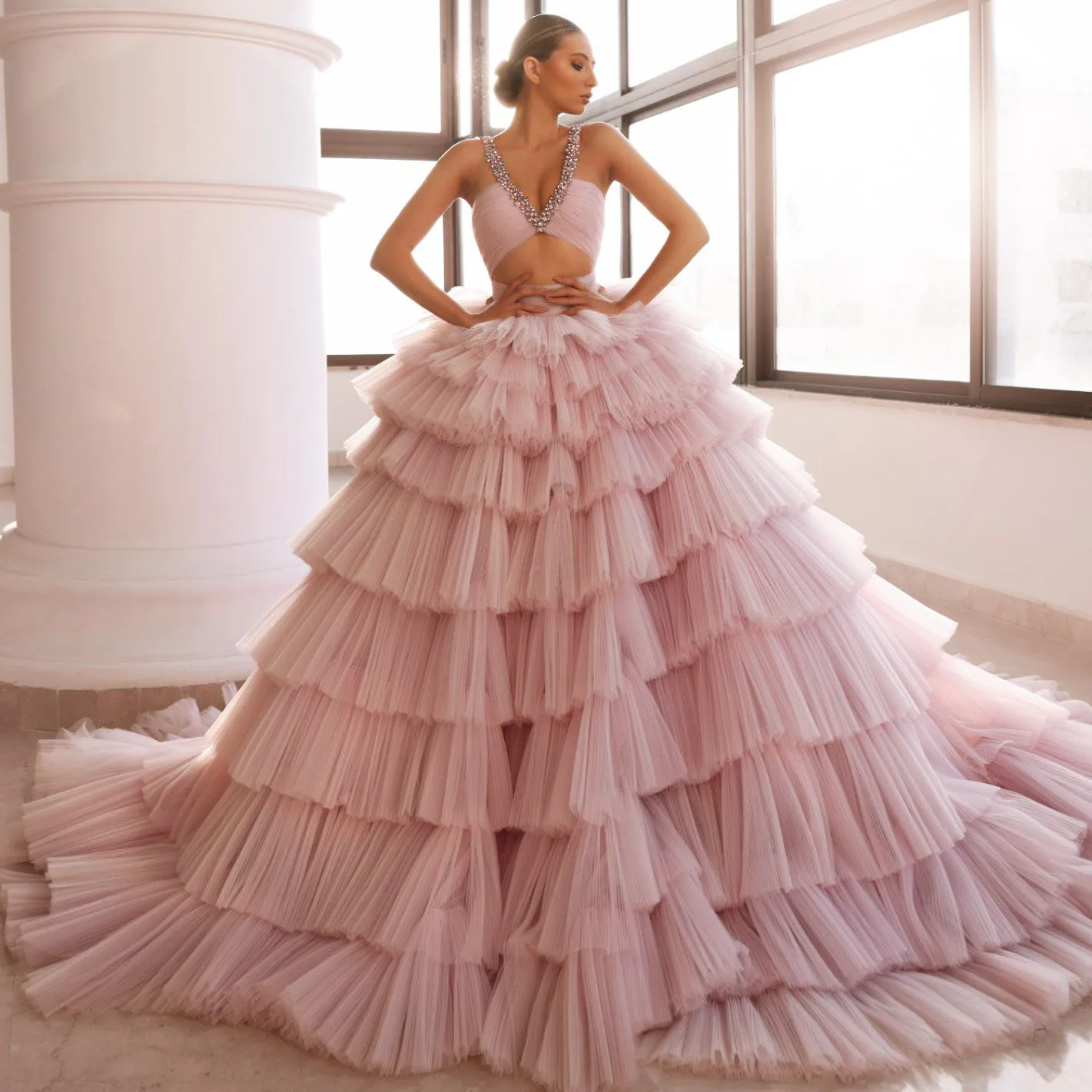 

Gorgeous Pink Dresses Ball Gown Layered Ruffle Tulle Custom Crystals Evening Gowns Prom Party Dress Long Lush Off Shoulder