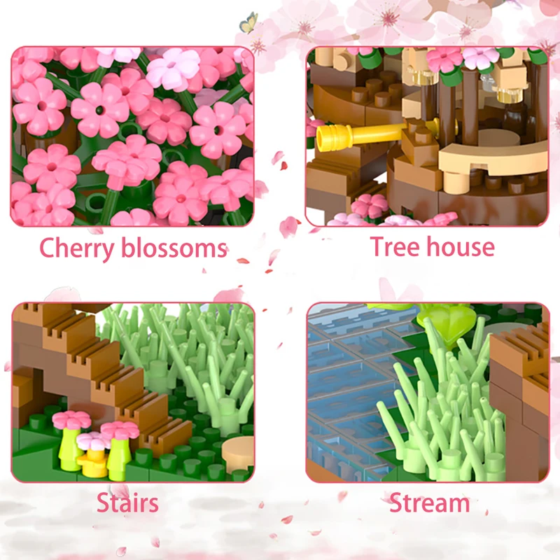 Light Sakura Tree House Model Constructor Micro Building Blocks DIY City Cherry Street View Bricks Christmas Toys for Girls MOC