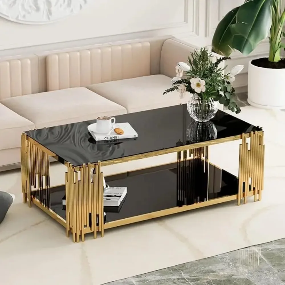 Coffee Table, Modern Living Room Table, Gold Legs, 51 Inch Rectangular Clear Tempered Glass Material Coffee Table