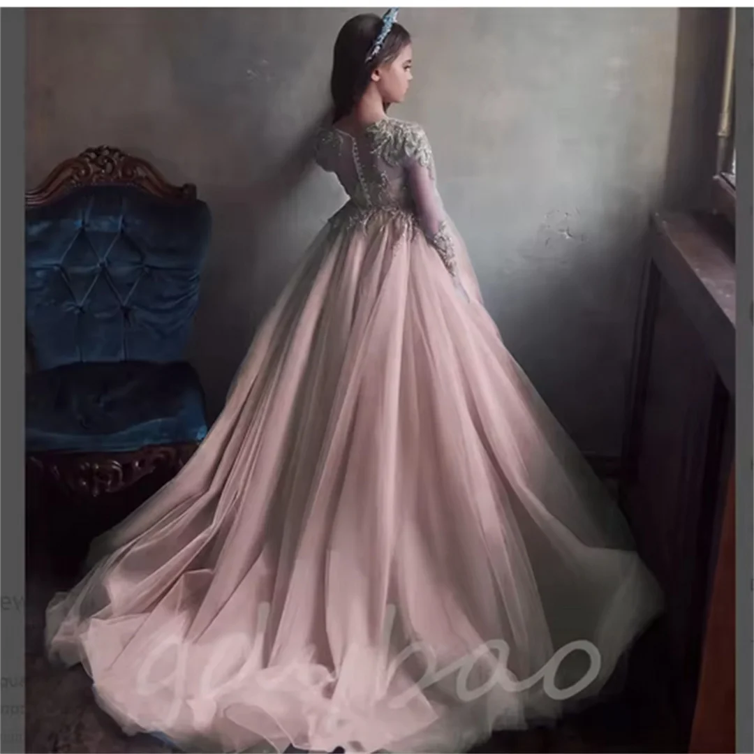 تول زهرة فتاة فستان الزفاف عيد ميلاد تول مطرز الأميرة الأزرق كامل الأكمام الاطفال فساتين حفلة التواصل الأول فستاين سهرة/فساتين الحفلات #4