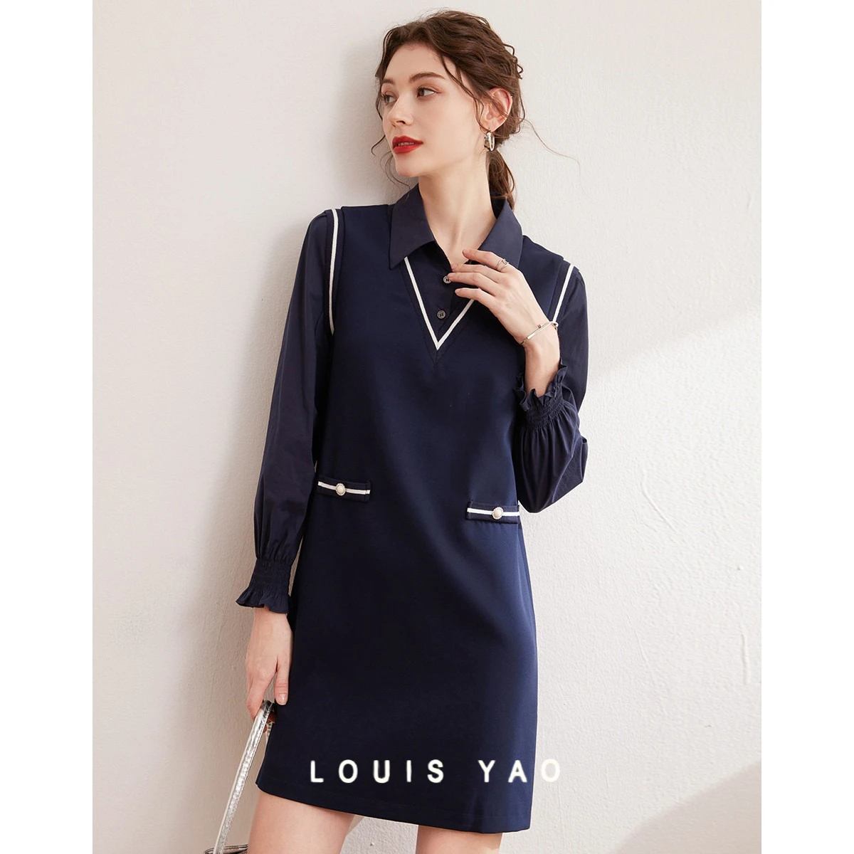 

LOUIS YAO College Style Fake Two Pieces Women Dress 2025 Spring Autumn Commuting Flip Collar Contrasting Side Dress New