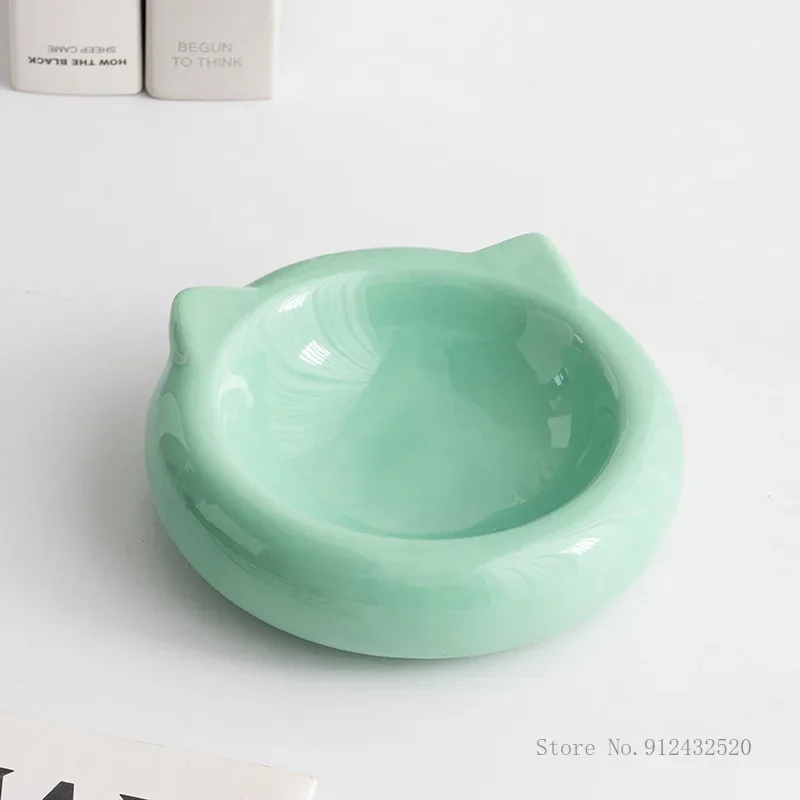 Creative Ceramic Flat Bottomed Cat Ear Shape Food Bowl Dining Plate Anti Overturning Pet Supplies Drinking Bowl 1Pc