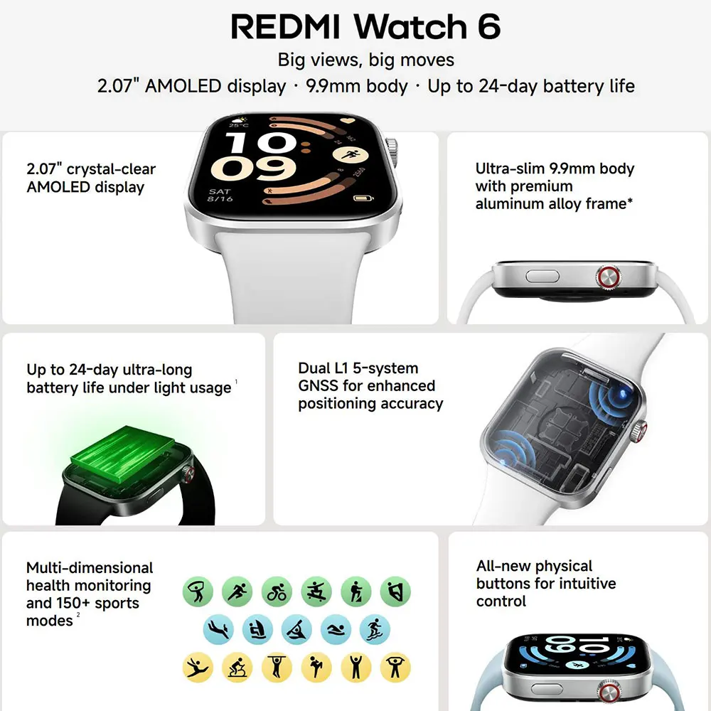 Nuevo Reloj Inteligente Xiaomi REDMI Watch 6, Pantalla AMOLED de 2.07 Pulgadas, Monitoreo de Frecuencia Cardíaca y Oxígeno en Sangre Durante Todo el Día, Batería de Larga Duración 3