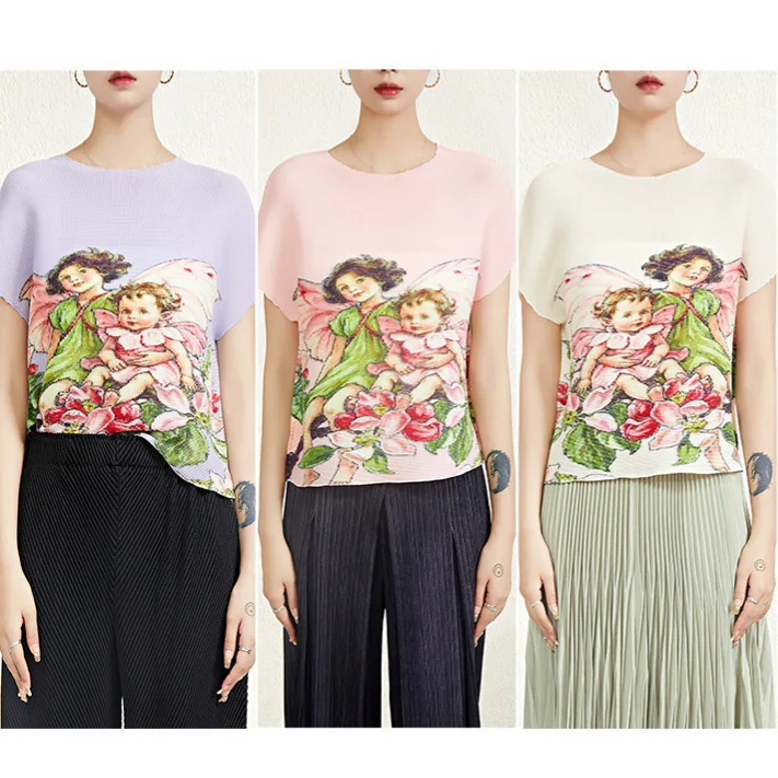 

Miyake Pleated New Cartoon Short-sleeved Versatile Top T-shirt Casual Fashion Corn Grain Thin Pleated Summer Women's Clothing
