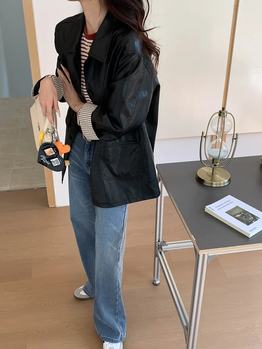 여성용 캐주얼 패치워크 스트라이프 긴팔 PU 가죽 재킷 가을 2025 신상품