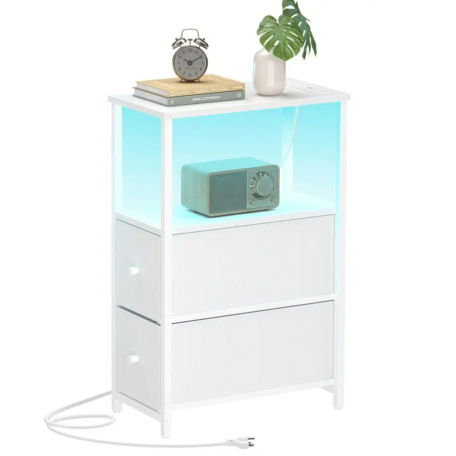 

Small Narrow LED End Table with Charging Station, Side Table Outlets, Nightstand with 2 Cloth Drawers, Couch Table, for Living