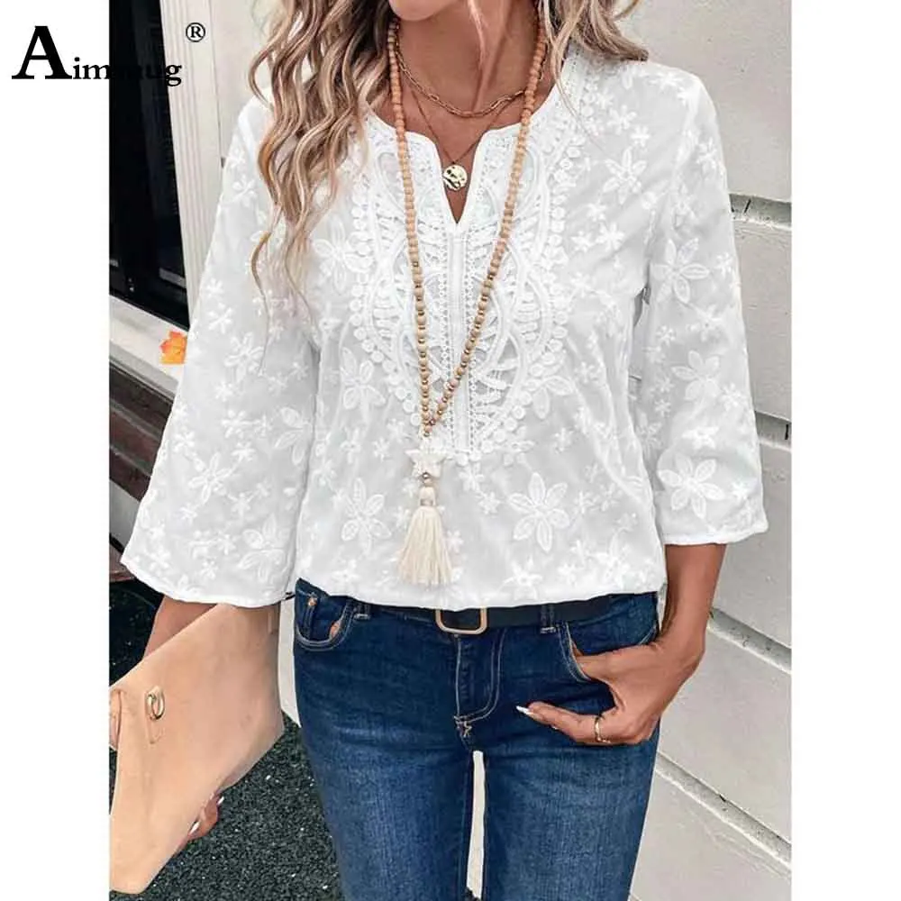 2025 New Summer Boho Flower Blouse Women Three Quarter Sleeve Lace Embroidery Tops Pullovers Ladies Casual Beach Shirts blusas