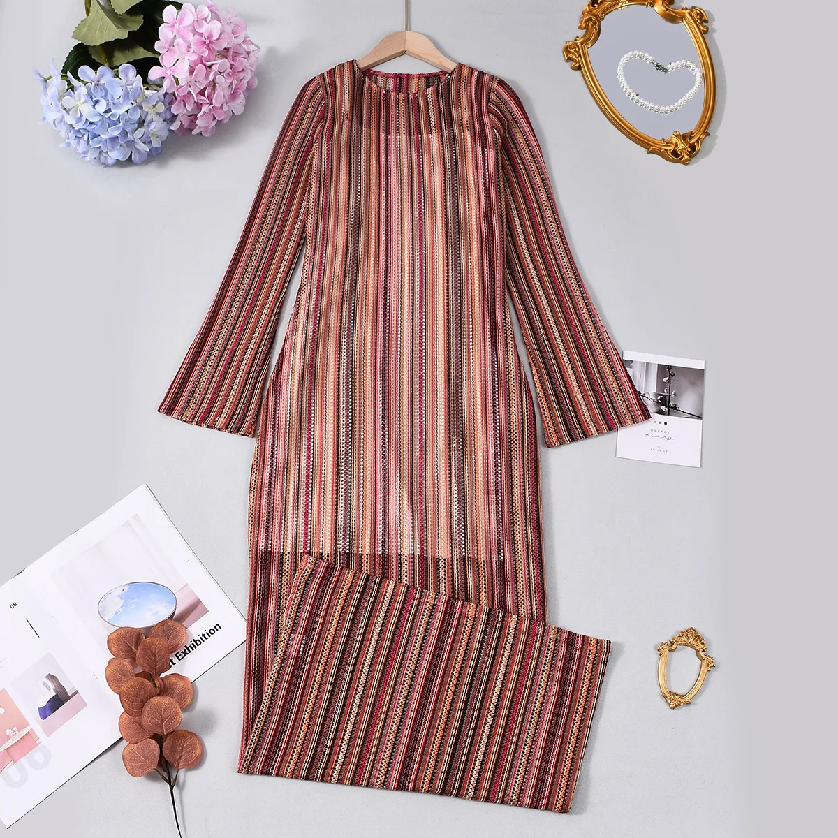 Transgraniczne nowości na jesień 2025, szybki wyprzedaż, popularny, dopasowany, barwiony w paski komplet dwuczęściowy sukienka damska Cw45193