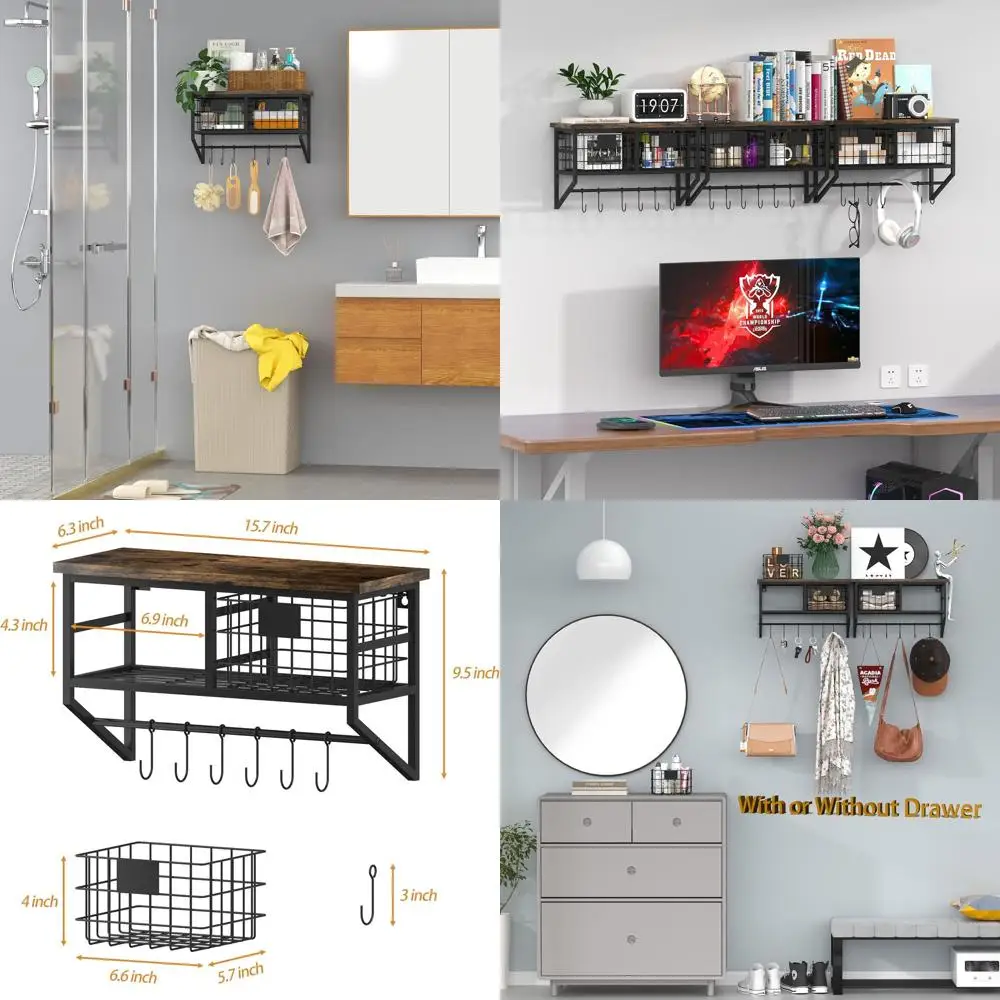 

Настенные металлические полки Helsin с деревянными элементами, корзинами и крючками для хранения мелочей или использования в кофейном баре