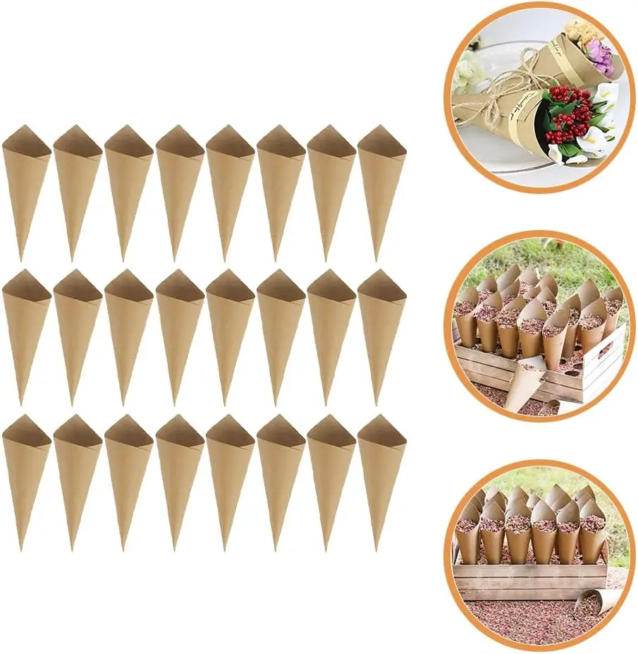 120 peças cones de confete de casamento cones de papel kraft cônico suporte de flor para festa pétala pequeno buquê buffet marrom