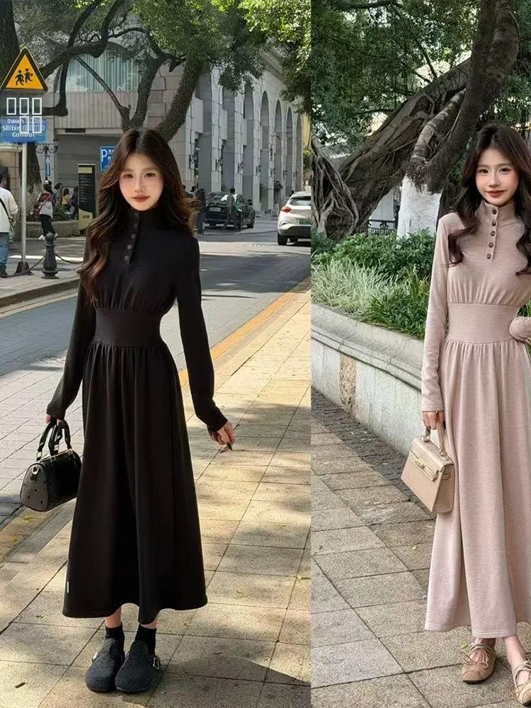 

Элегантное приталенное платье миди с высоким воротником, длинными рукавами и пуговицами на талии для молодых женщин, зимняя повседневная одежда