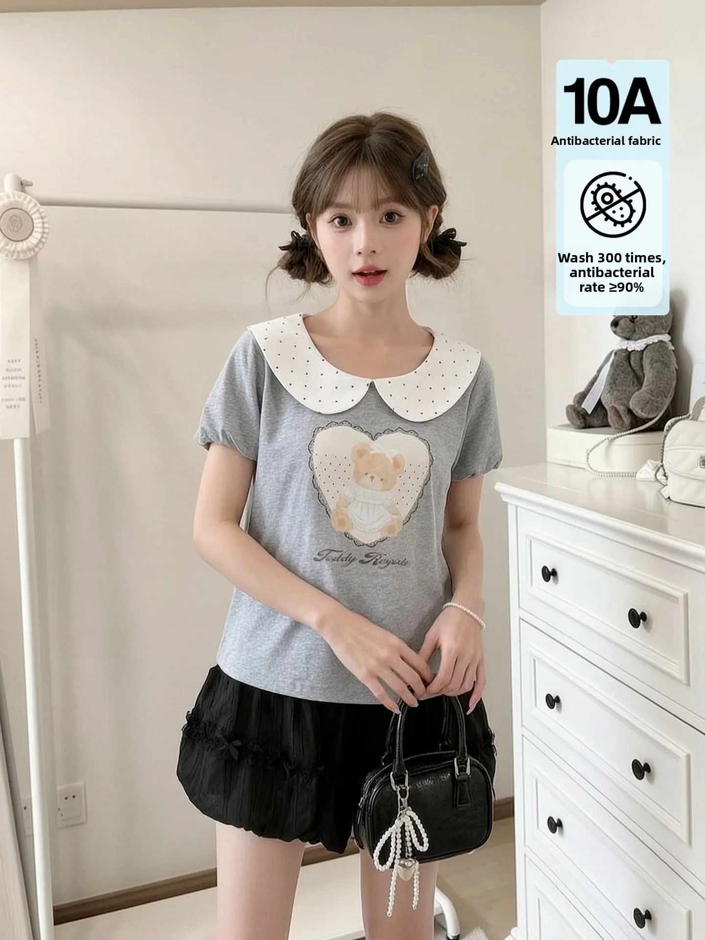 Summer Cotton Short Sleeve T-Shirt Women's Loose Bear Print Doll Collar Soft Girl Fashion Casual Sweet Style Gray Top