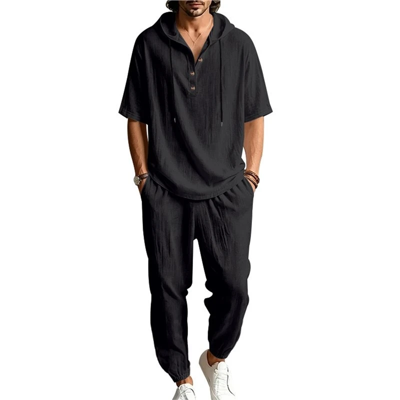 【Price Drop !!】Men's 2 Pieces Linen Set Long Sleeve Henley Shirts Casual Beach Pants With Pockets Summer Outfits