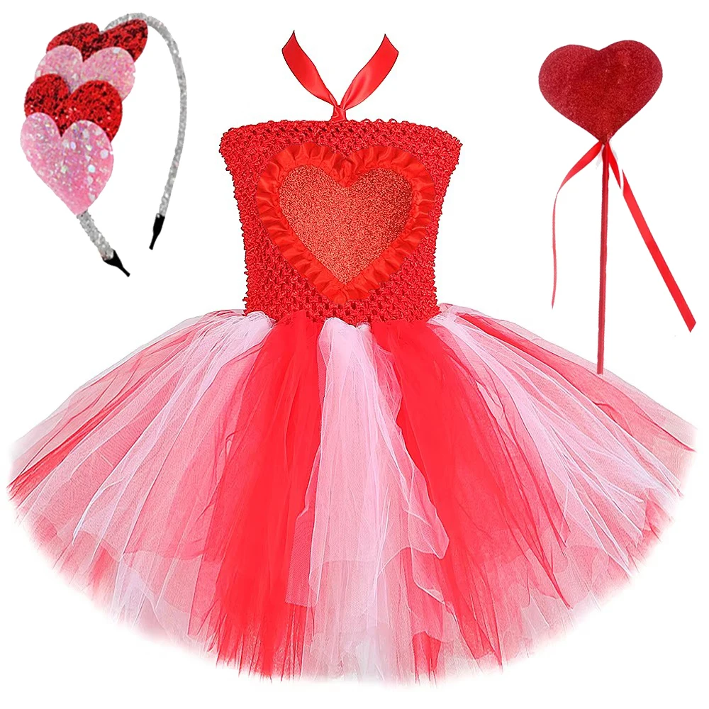 Happy Valentines Day Costumes for Girls Glittery Red Lace Heart Princess Dresses for Kids Sweet Love Clothes Girlfriend Gifts