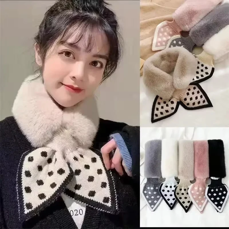 All-match Thick Plush Scarf Rabbit Fur Crossover Shaggy Cross Scarf Plush Fur Collar Warm Polka Dot Collar Scarf