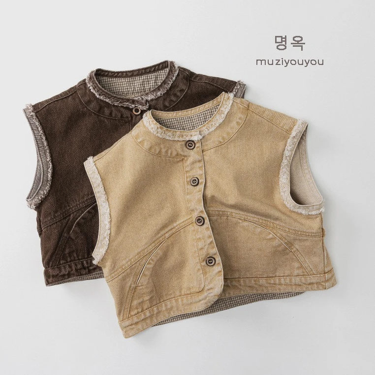 

Детский жилет для мальчиков, весна-лето 2026, новая коллекция, в корейском стиле, однотонный, простой, с меховой отделкой, ретро-жилет для малышей