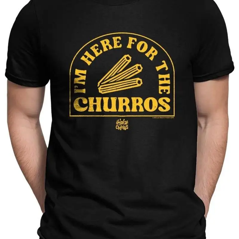 Aquí para los Churros Bold Retro Snack Lover diseño camiseta para hombre