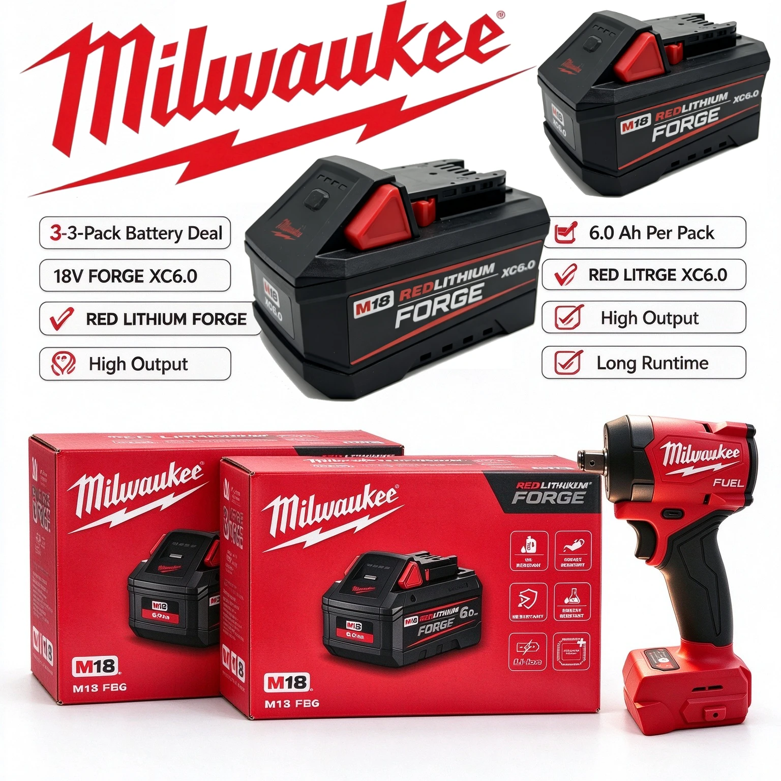 Milwaukee M18 FORGE 18V 6.0Ah Lithium Ion Battery Fit Fuel212 Drill Impact Drill All 18V Milwaukee Power Tools Long Cycle Life