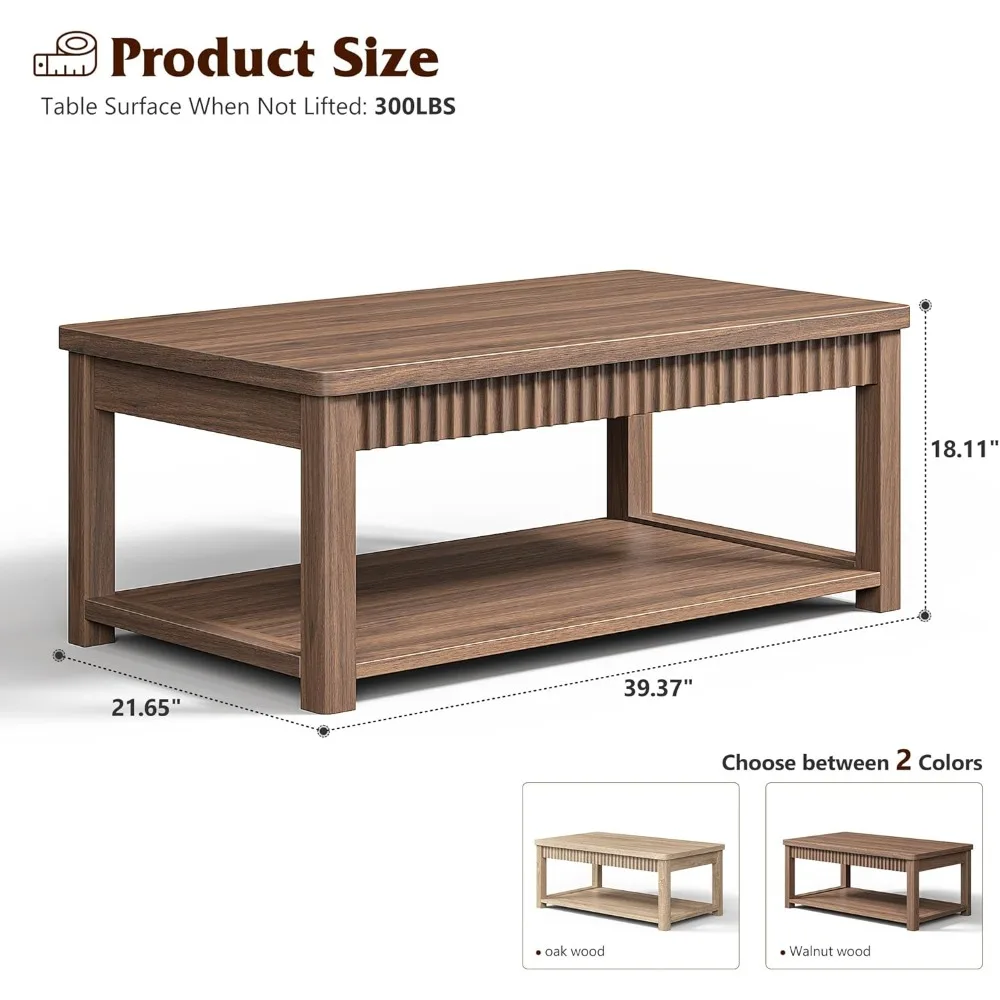 طاولة قهوة، طاولات قهوة حديثة مقاس 39 بوصة لغرفة المعيشة مع مساحة تخزين بطبقتين وحافة مموجة، طاولة مركزية من خشب الجوز لغرفة النوم/المكتب