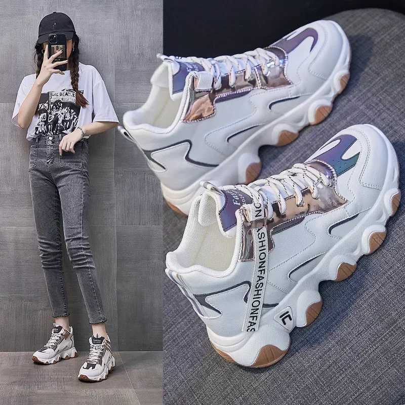 

Women New Casual Lace Up Sneakers Female 2024 New Thick Sole Non-slip Shoes Lady Waterproof Colorblock Chunky Sneakers