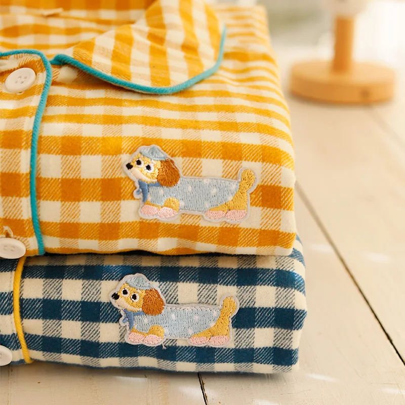 

Sweet plaid pure cotton brushed home clothes for autumn and winter, cute embroidery, casual and wearable women's sleepwear set