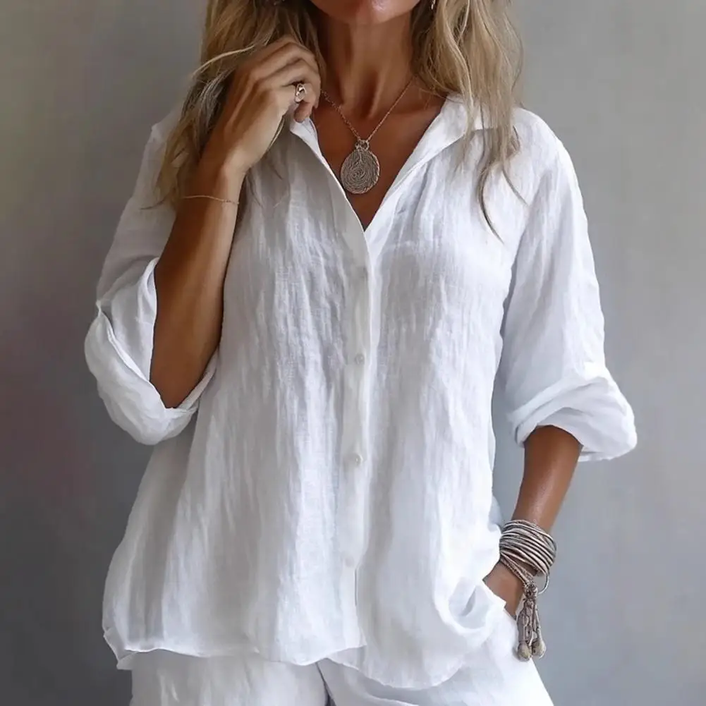 

Single-breasted Tops Stylish Women's Lapel Shirt with Long Sleeves Button Placket Solid Color Loose Fit Mid-length for Everyday