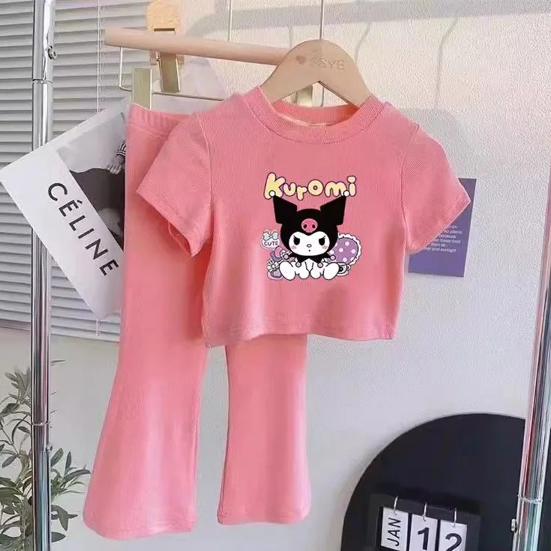 Sanrio Kuromi Y2k Kids Short Sleeve Top Kawaii Cartoon Summer Ice Shreds Casual Elastic Waist Horn Pants Suit Anime Girl Gifts