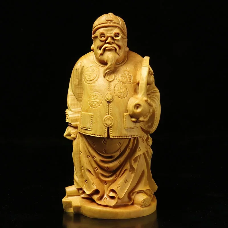 Wooden carving- Glasses landlord God of Wealth Character Small statue Solid wood hand carving Cute home, room decorations