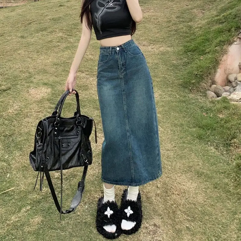 

High Waist Slit A-Line Midi Denim Skirt Women's Summer Thin Slimming Wrap around Skirt Longevi Faionable Casual Wear
