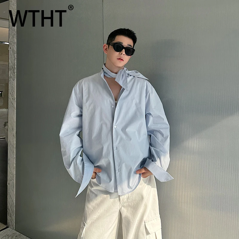 

WTHT Fashion Men's Solid Color Bow Tie Turn Down Collar Shirts Trendy Long Sleeves Loose Casual Tops Male 2025 Autumn 2A1388