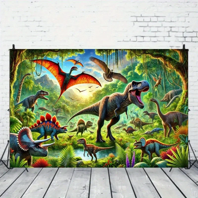 Vibrant Dinosaur Jungle Scene Wall Tapestry Art Print for Kids Room Nursery Decor Tropical Paleozoic Life