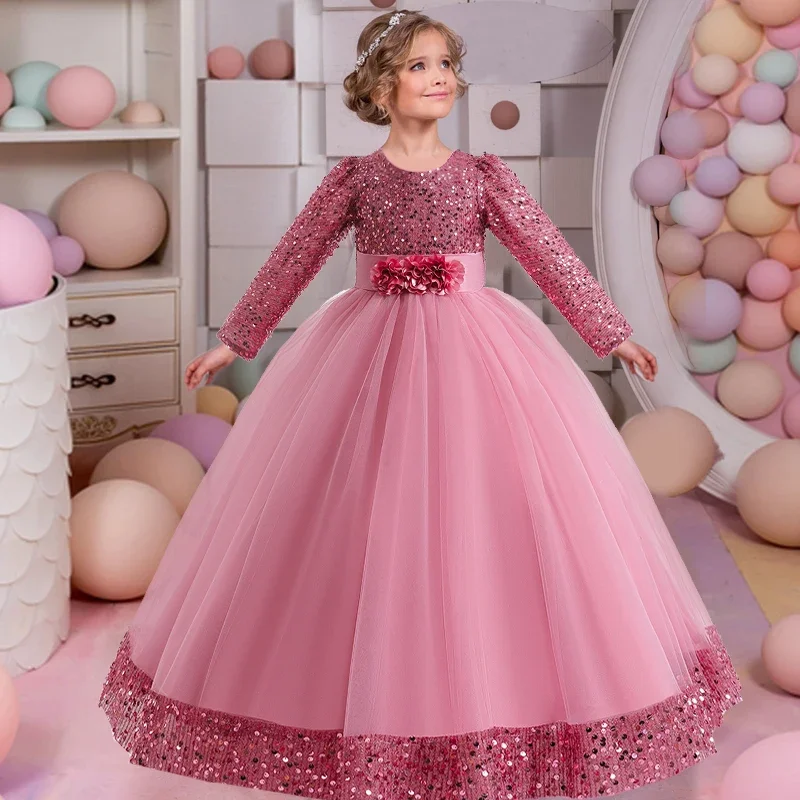 

Teens Formal Evening Dresses For Girls Children Costume Long Sleeve Sequin Christmas Wedding Party Dress Kids Girl Princess Gown