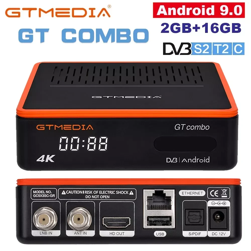 GTMEDIA GT Combo Smart TV Box 4K Utral HD TDT جهاز استقبال الأقمار الصناعية Android 9 + DVB-S/S2/S2X، DVB-T/T2، DVB-C، CCAM/M3U لمستودع الاتحاد الأوروبي