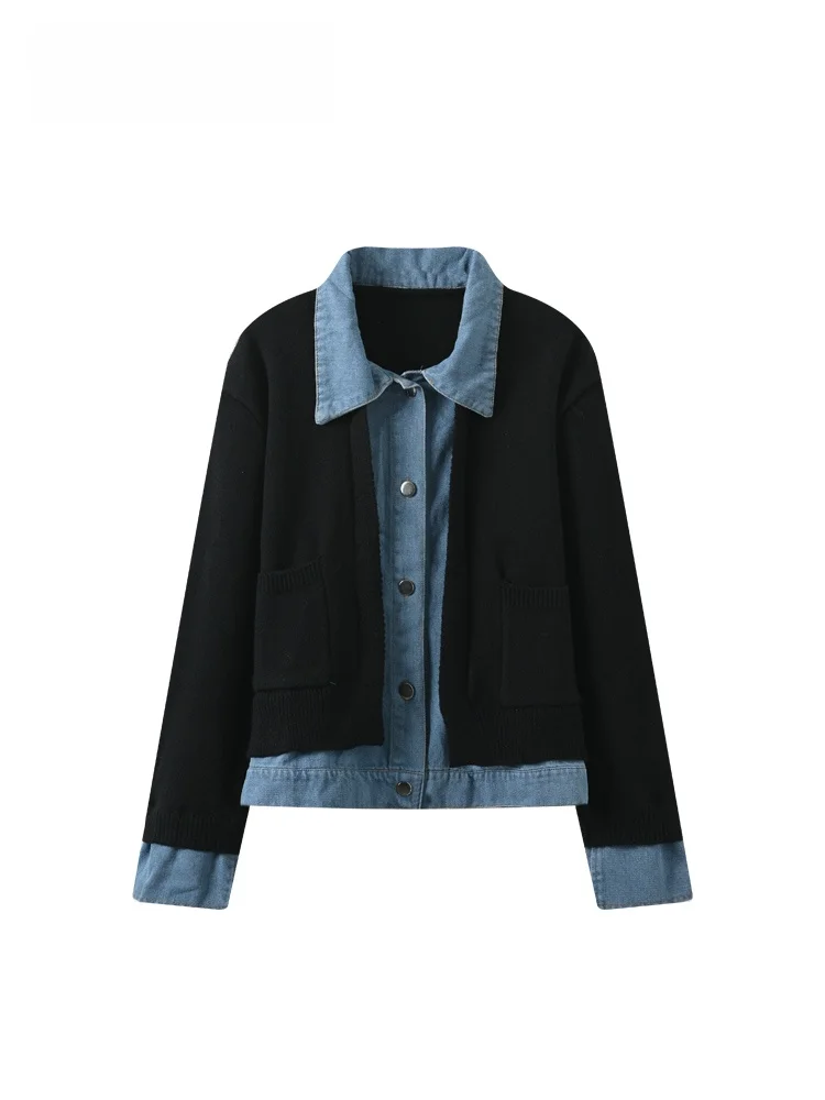 

Джинсовая ткань больших размеров, женская осенняя винтажная трикотажная верхняя одежда из Гонконга с длинным воротником-свеком, верхняя одежда Thiened