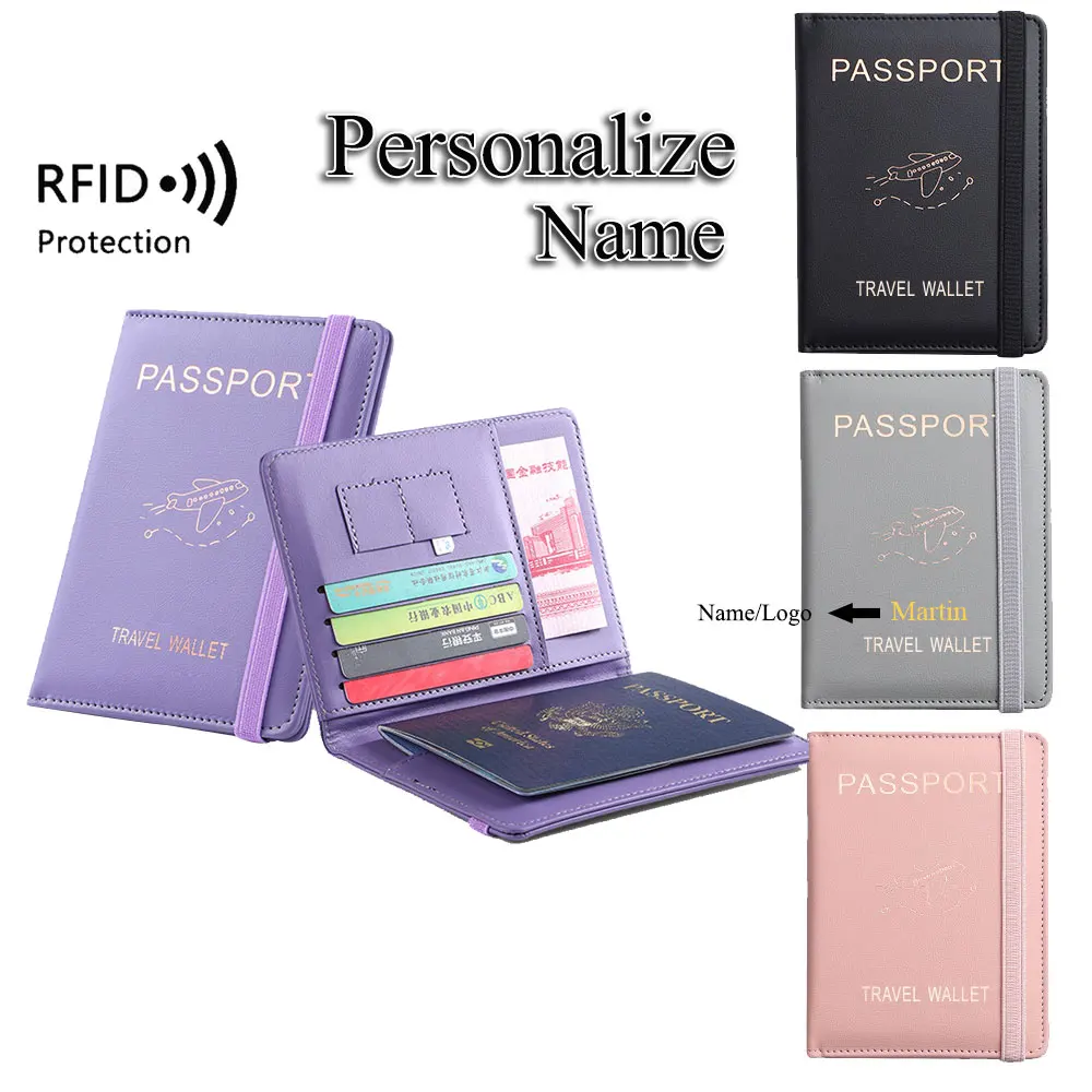 Personalize Name Slim Passport Cover Holder Case Multi-Cards Slot Pu Leather Travel Accessories RFID Travel Wallet Pocket