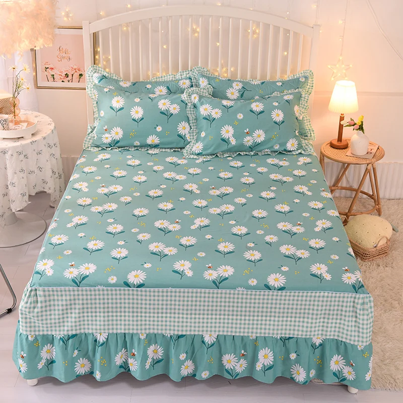 Daisy Printed Bed Skirt Cotton Fitted Double Bedspread with Pillowcases Mattress Cover Bedding Set Elastic King Size Bedsheet