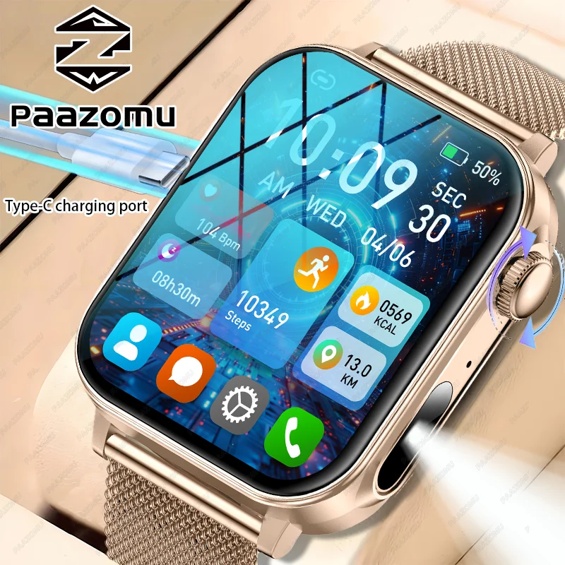 

New Type-C charging port Smart Watch LED Flashlight 1.83inch HD Screen Bluetooth call outdoors Sport Smartwatch For Android iOS