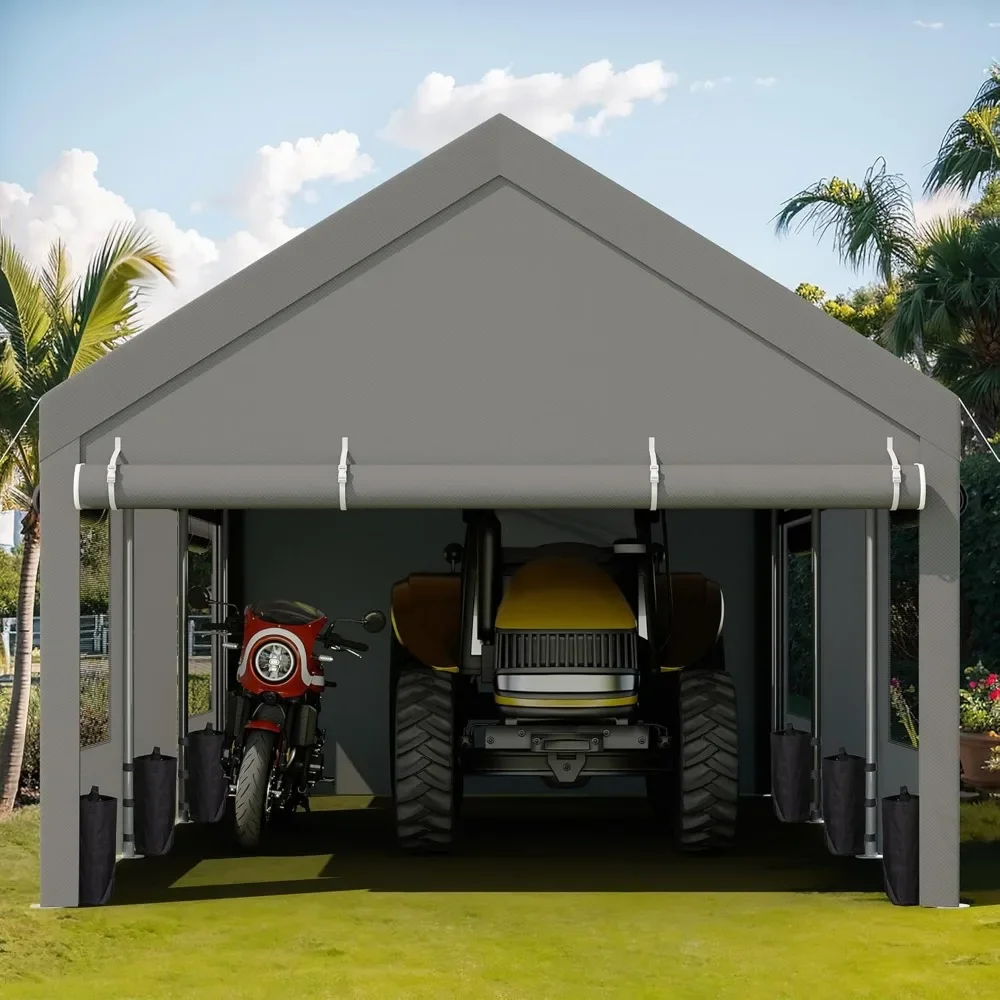 12x20 FTHeavy Duty Carport Reinforced Steel Poles with Removable Sidewalls & Doors,Roll-up Windows Car Canopy