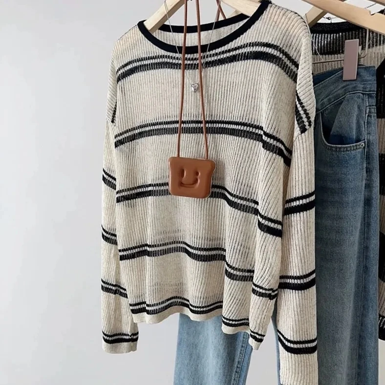 

Sun Protection Knitted Top Hollow out Thin Long Sve round Ne Summer Early Spring Women's Loose Fit round Ne irt