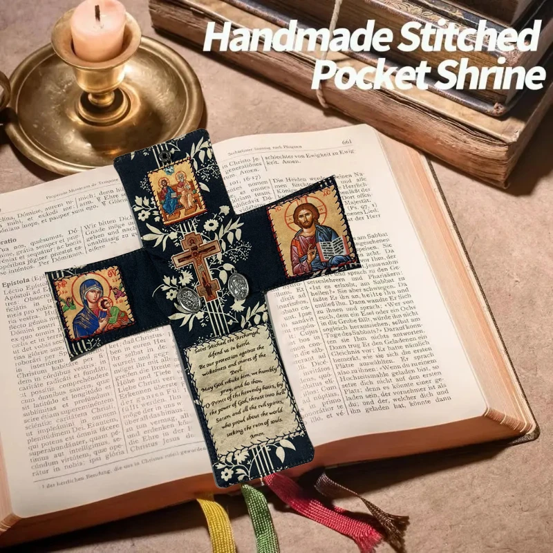 Handcrafted Pocket Shrine with Cross Included Inside,Faith Cross-Shaped Fabric Pouch Sewing Pocket with Saint Images Prayers ﻿