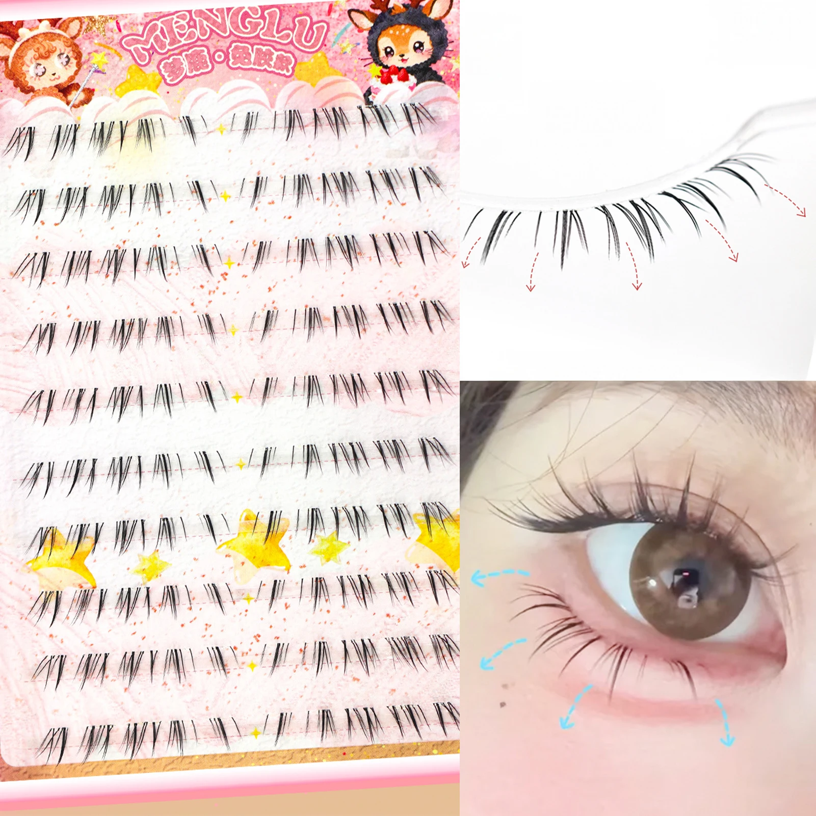 Cat Eye Style Lower Lashes Black C Curl 6-8mm Mixed Length False Eyelashes Transparent Band Natural Individual Lashes Clusters