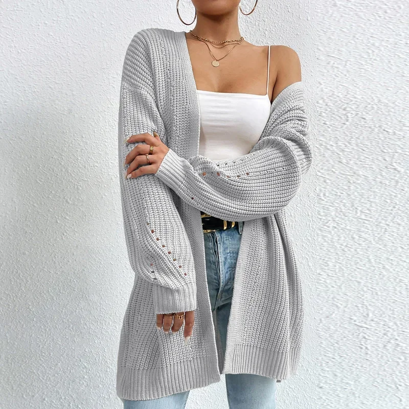 2024 Autumn Elegant Solid Cardigan Sweater Women Winter Thickened Warm Split Hem Long Jumpers Female Commuter Knitted Outerwear