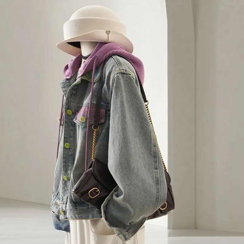 Spring Color Block Cropped Denim Jacket Women Hooded Sweet Youthful Slim Fit Casual Coat