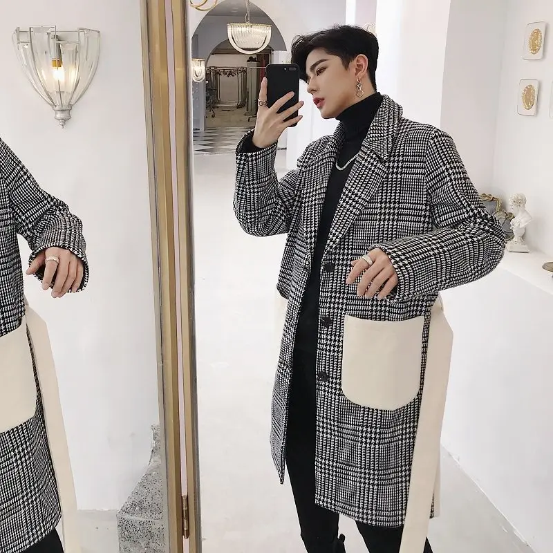 

Autumn Winter Men's Woolen Coat Belted Windbreaker Long Cheered Patchwork Asymmetrical Color Blo Warm Casual Outerwear