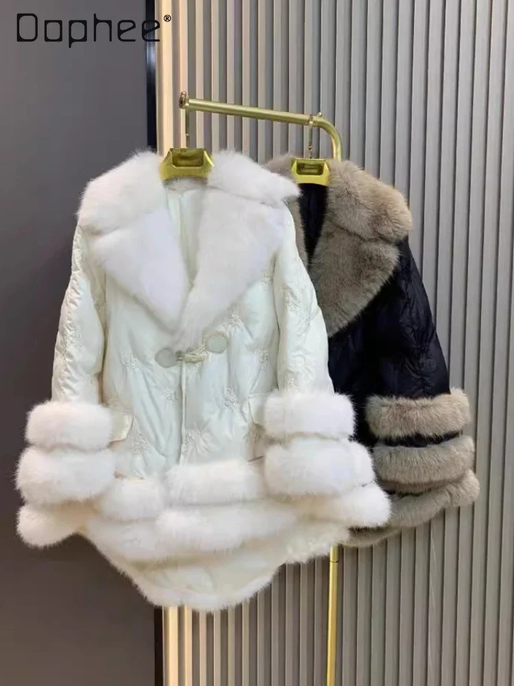 Korean Sweet Style Imitation Fox Fur Collar Suit Collar Temperament Mid Length Down Jacket Female 2024 Winter Coat Women