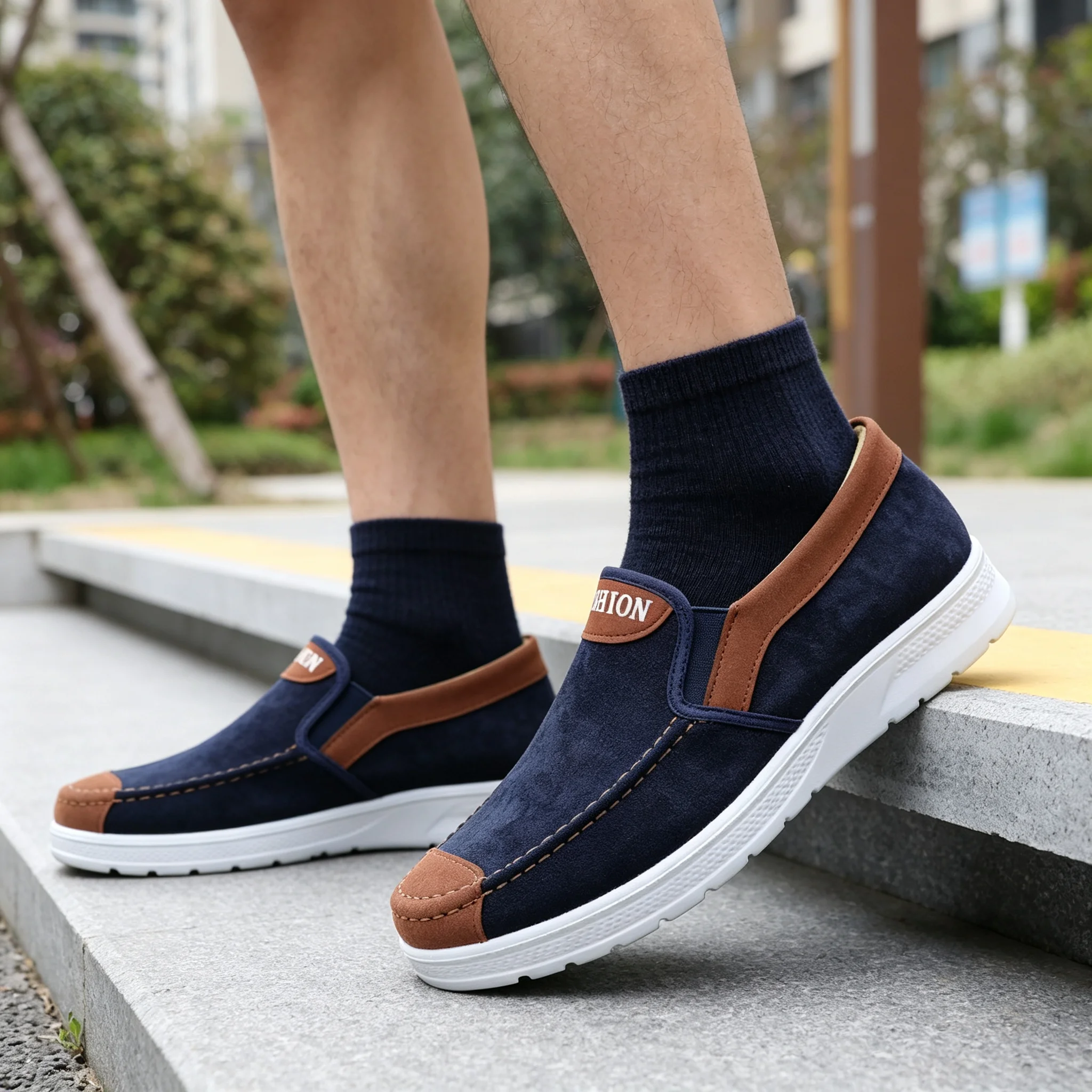 Men Autumn Loafers Slip On Casual Shoes Faux Suede Stitching Lightweight White Sole Non-slip Walking Men's Daily Lazy Shoes