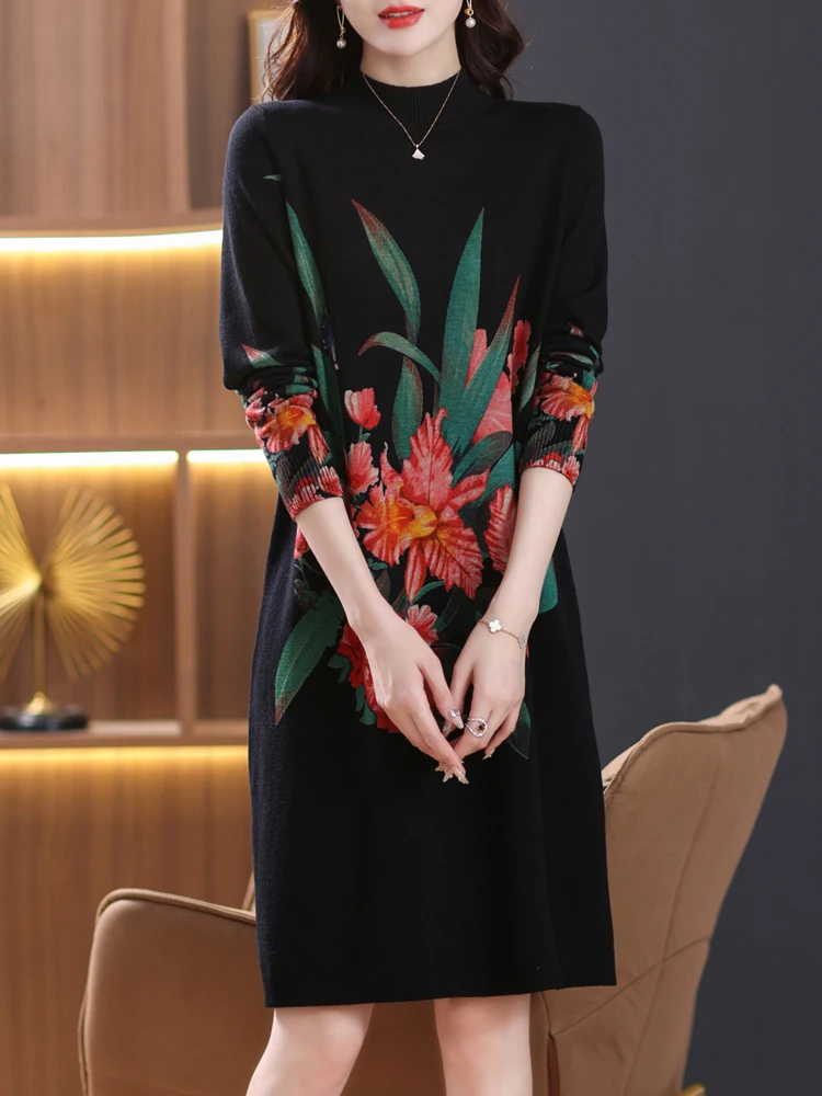 

Print Long Sweaters Dress Spring Women Clothing Long Sleeve Femme Pullover Elasticity Loose Pulls Thick Sweater For Women