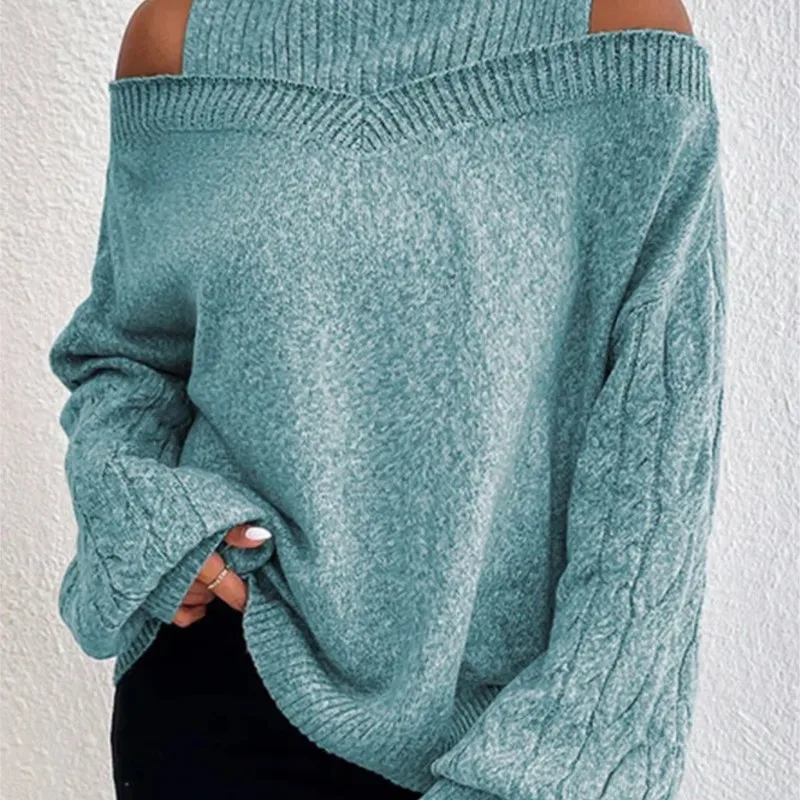Women New Solid Knitting Off Shoulder Sweaters Autumn Winter Elegant Office Lady Half High Collar Splice Loose Pullovers Sweater