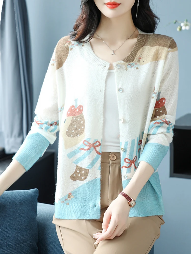 

Print Female Cardigan Autumn Spring Knitted Women Sweaters Korean Fashion Long Sleeve Tops Mohair Cardigans